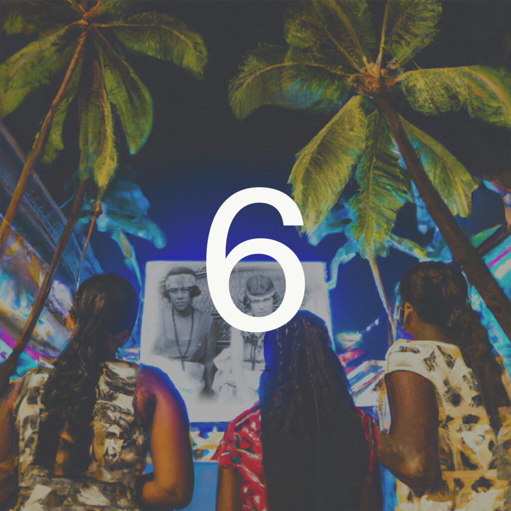 Girls in Samoan dresses stare up at a screen in the sky which includes images of Margaret Mead and a Samoan friend. A large number 6 is placed over the whole image.