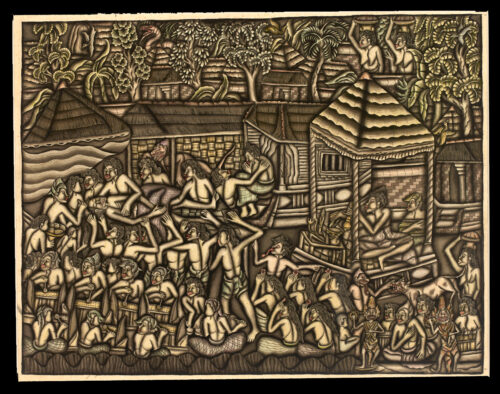 A yellowing black-and-white painting depicts several shirtless people wearing patterned loincloths gathered around a person with their eyes closed lying horizontal who has a cloth draped over them. Several thatch-roofed buildings are in the background.
