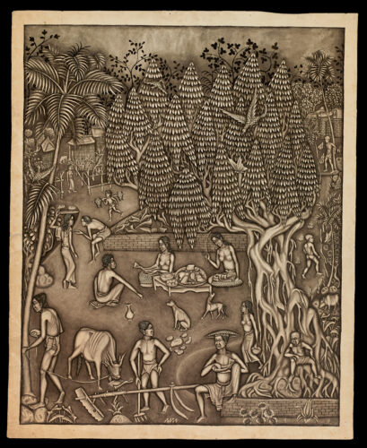 A yellowing black-and-white painting depicts several shirtless people scattered around an open area surrounded by large trees and a brick wall. One person sits on a tree’s large roots while others are preparing food, feeding cattle, and moving goods across the square.