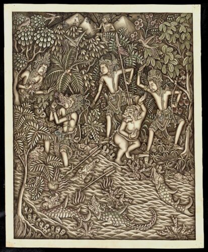 A yellowing black-and-white painting depicts a heavily forested area beside a stream. Several humanlike figures wearing ornately designed headdresses and loincloths gesture toward one another on land while aquatic creatures fill the water.