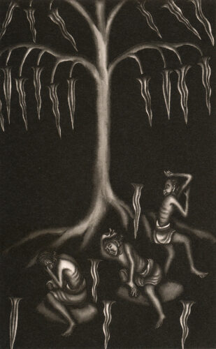 A painting shows three shirtless people in loincloths sitting at the base of a tree with leaves that are shaped like blades. Some leaves fall around the people, who are either putting their head in their hands or trying to shield themselves with their arms.