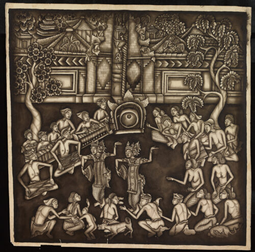 A yellowing black-and-white painting depicts several shirtless people seated or crouching in a circle around two people who hold fans and move synchronously in ornate robes. A large brick building and flowering trees are in the background, and some people hold long instruments on their laps.