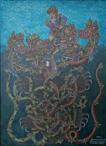 A painting depicts two human figures wearing ornate headdresses and purple-and-gold outfits against a blue background. Two multicolored dragons wind their bodies below.