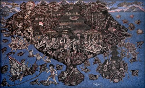 A painting shows an island surrounded by blue waters filled with fish, turtles, dragons, islands, and people. On land, people are taking pictures with cameras, relaxing, sitting by buckets of fish, and playing sports near a hotel. A plane with “China” written on it flies in the sky, and other country names are visible.
