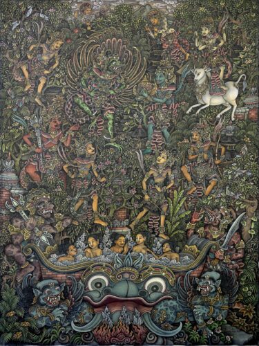 A painting depicts a heavily forested area of shrubs, trees, and flowers with people barefoot in decorative headdresses, shoulder adornments, and skirts scattered above five people in the water of a pool that resembles the head of a dragon.