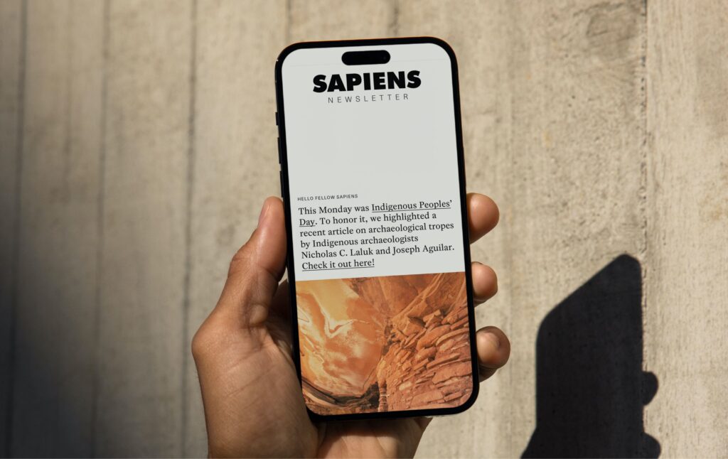 A hand holds up a cell phone with text about the SAPIENS newsletter, with a shadow of the hand and phone against a plain wall.