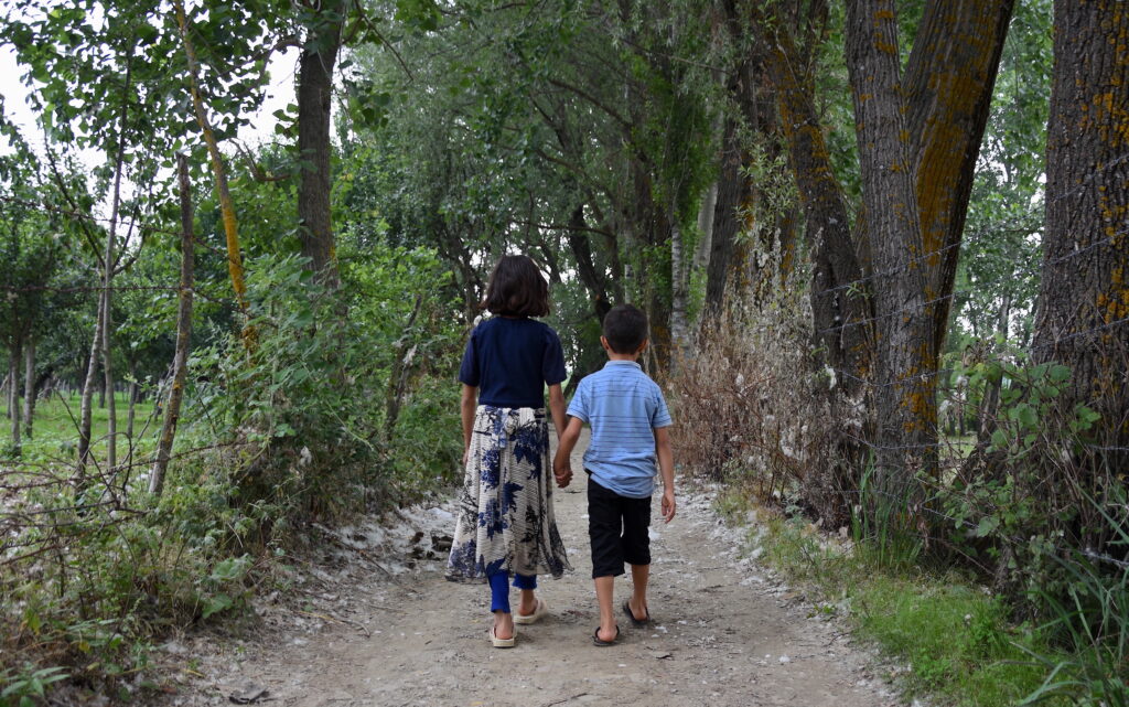 Photographed from behind, two children wearing flip-flops hold hands and walk on a dirt trail between rows of tall trees. The taller child wears a skirt, and the other wears capris and a polo shirt.