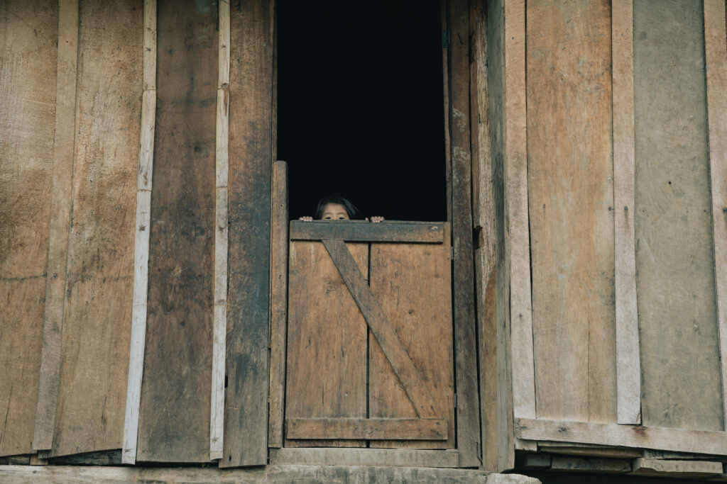 Between tall wooden walls, a child peers over a short wooden door. A pitch-black background is behind her.