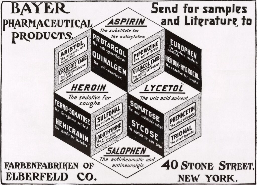 A black-and-white graphic depicts three stacked boxes covered in words. Text on top of one box reads, “Heroin: the sedative for coughs.” Text on the second box reads, “Aspirin: The substitute for the salicylates.” Text on the third box reads, “Lycetol: The uric acid solvent.” In a space between two of the boxes, text reads, “Salophen: The antirheumatic and antineuralgic.” Text surrounding the box graphic reads, “Bayer Pharmaceutical Products, Farbenfabriken of Elberfeld Co., 40 Stone Street, New York.”