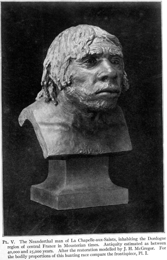 Sobre un fondo negro, una estatua de piedra gris representa el busto de una persona con el pelo hasta los hombros, bigote y barba. Debajo, un bloque de texto reza: "Pt. V. El hombre de Neandertal de La Chapelle-aux-Saints, habitante de la región de Dordoña, en el centro de Francia, en la época musteriense. Antigüedad estimada entre 40.000 y 25.000 años. Según la restauración modelada por J.H. McGregor. Para las proporciones corporales de esta raza de cazadores, compárese el frontispicio, Pl. I."