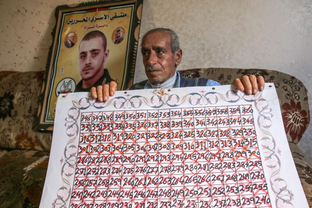 A balding person with graying hair and a mustache sits on a floral print couch. They are holding a large calendar with a grid of numbers, each with a red “X” through it. The numbers on the chart count from 226 to 360. A photo of a person from the shoulders up sits on their right.
