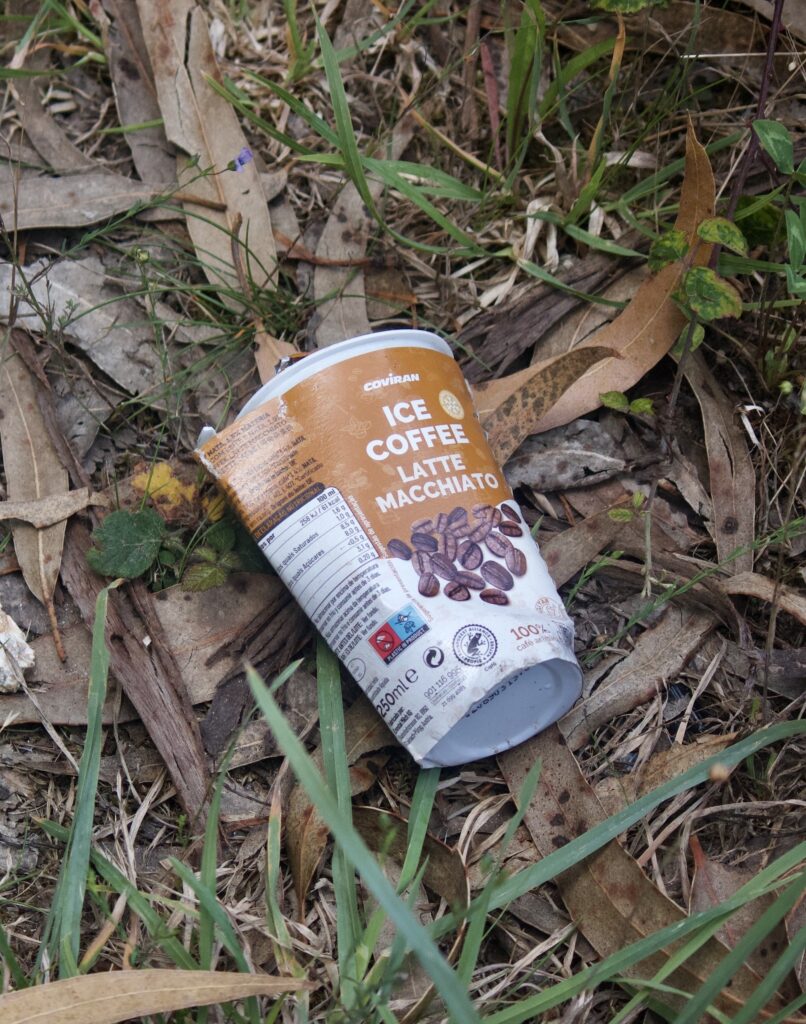 An empty brown-and-white cup with an image of coffee beans and text that reads, “Ice coffee, Latte Macchiato” on it lies on a bed of dried leaves and grasses.