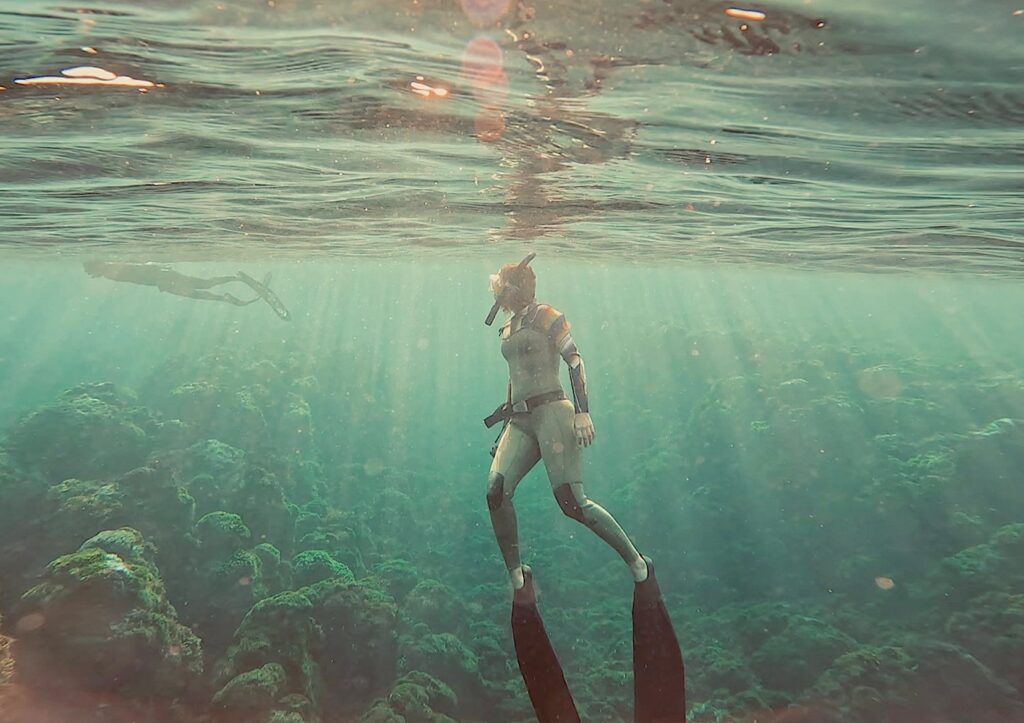 A person wearing a snorkel, wetsuit, and flippers floats underwater as sunlight streams into the ocean. In the background, another diver swims near the surface.