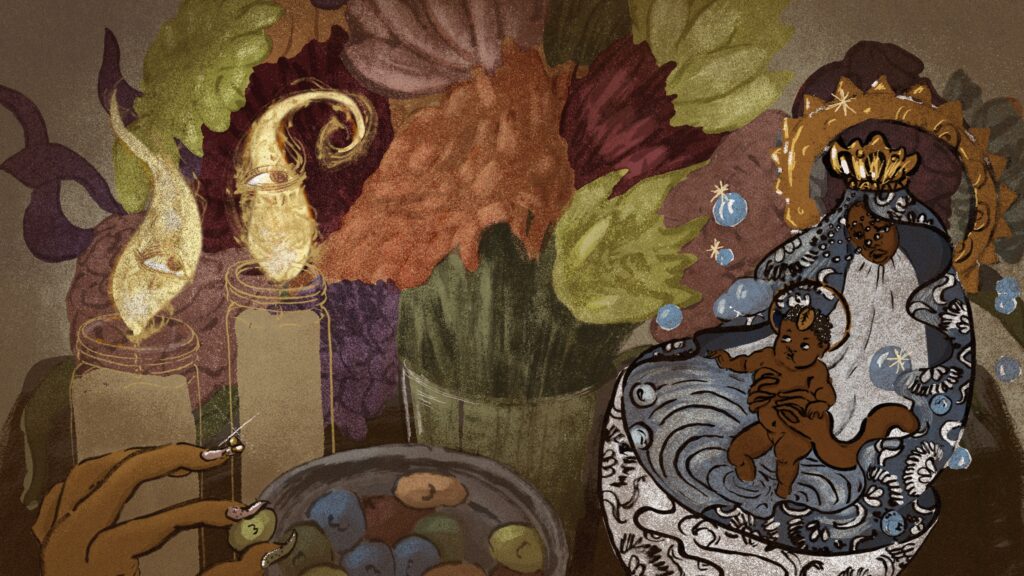 An animated image shows two candles with eyes in the flames behind a brown hand picking up an object from a bowl of M&Ms. To the right sits a blue and white statue of a Black woman bathing her baby.