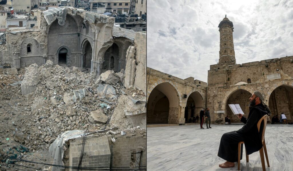 A side-by-side comparison features a bombed, partially destroyed historic building amid rubble on the left and a serene courtyard with a person sitting in a chair and arches and a minaret behind them on the right.