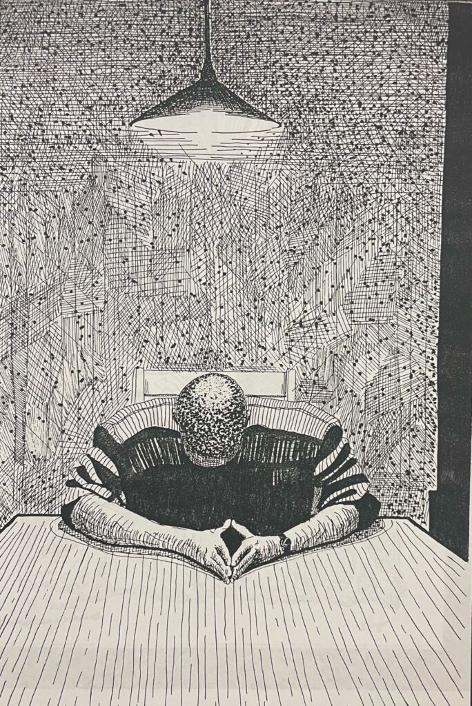 A monochromatic drawing features a person sitting alone at a table under a hanging light. The person has their head bowed and hands together, surrounded by detailed, textured patterns on the walls and table.