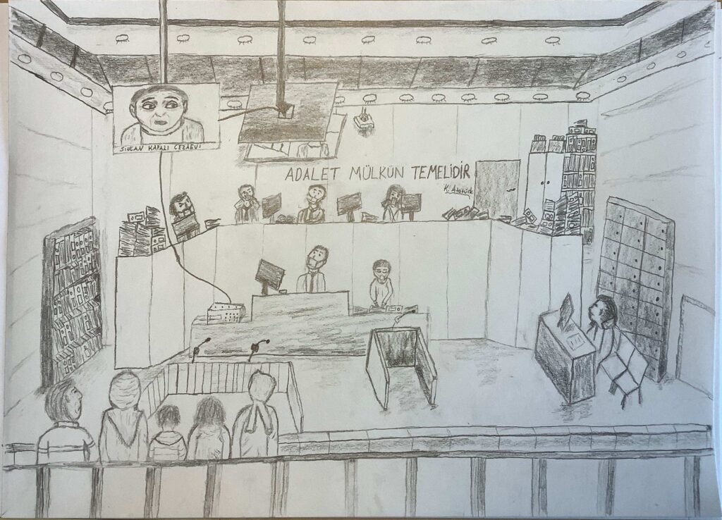 A black-and-white pencil drawing shows the inside of a Turkish courtroom, including court officials seated at desks and TV screens hanging from the ceiling to display virtual testimony.