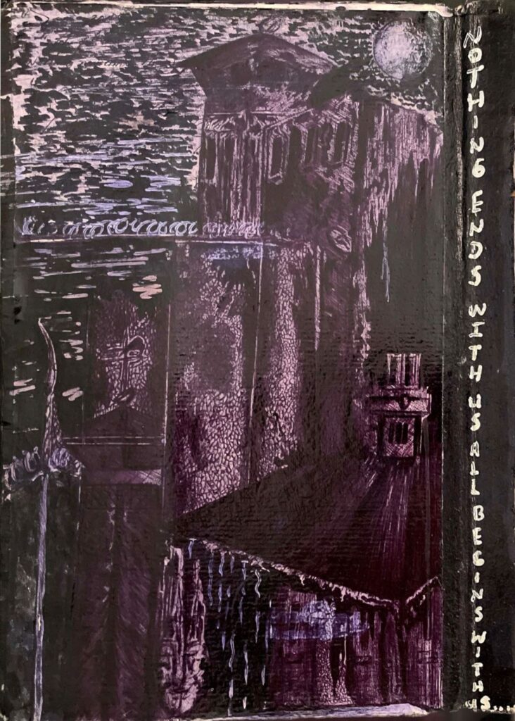 A dark, abstracted artwork features the inside of a prison. “Nothing ends with us all begins with us” is written vertically along the piece’s right side.