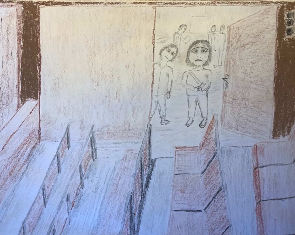 A pencil sketch featuring brown and reddish colors depicts people with dismayed looks on their faces as they walk into a courtroom.