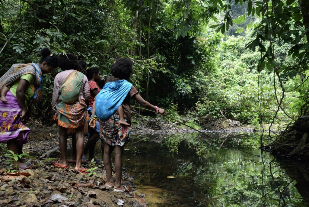 Four women wear colorful clothing and bear small children on their backs in brightly colored fabric carriers. They fish on the bank of a shallow body of water beneath a verdant canopy of leaves and vines.