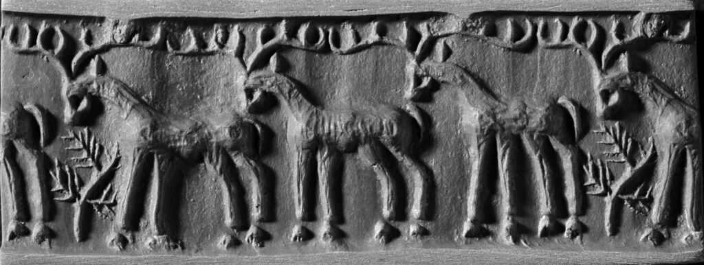A clay rectangular slab bears an impression of four male deer with large antlers.