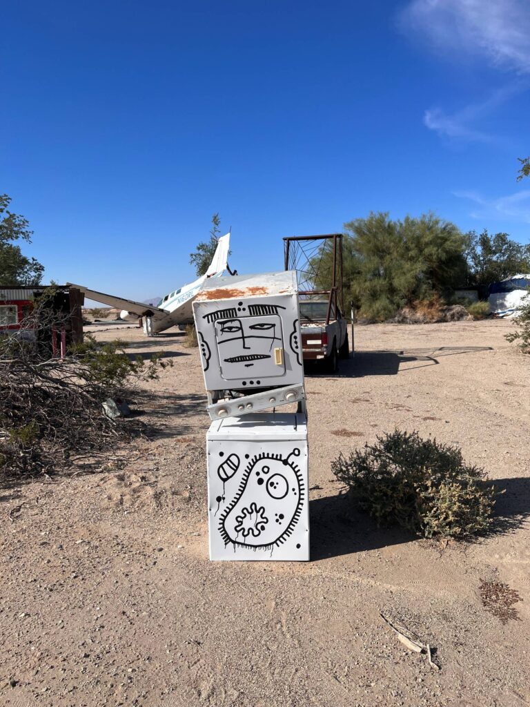 An old, broken dryer with a face painted in black on the front sits atop a washing machine painted with a drawing of the parts of a cell.