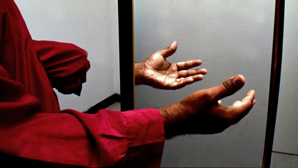 A pair of red-shirted arms, only one of which has a hand, are held up to a mirror, creating the illusion of a second hand.