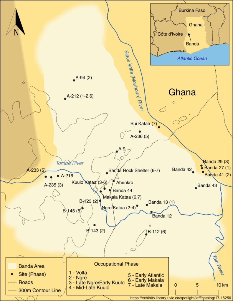 A yellow, tan, and beige map displays archaeological site numbers and features blue lines for rivers and black lines denoting roads.