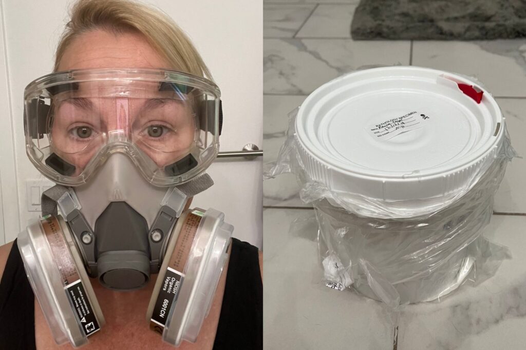 From left to right, two images show a woman in clear goggles and a ventilator mask and a white cylindrical container resting on a marbled tile floor.