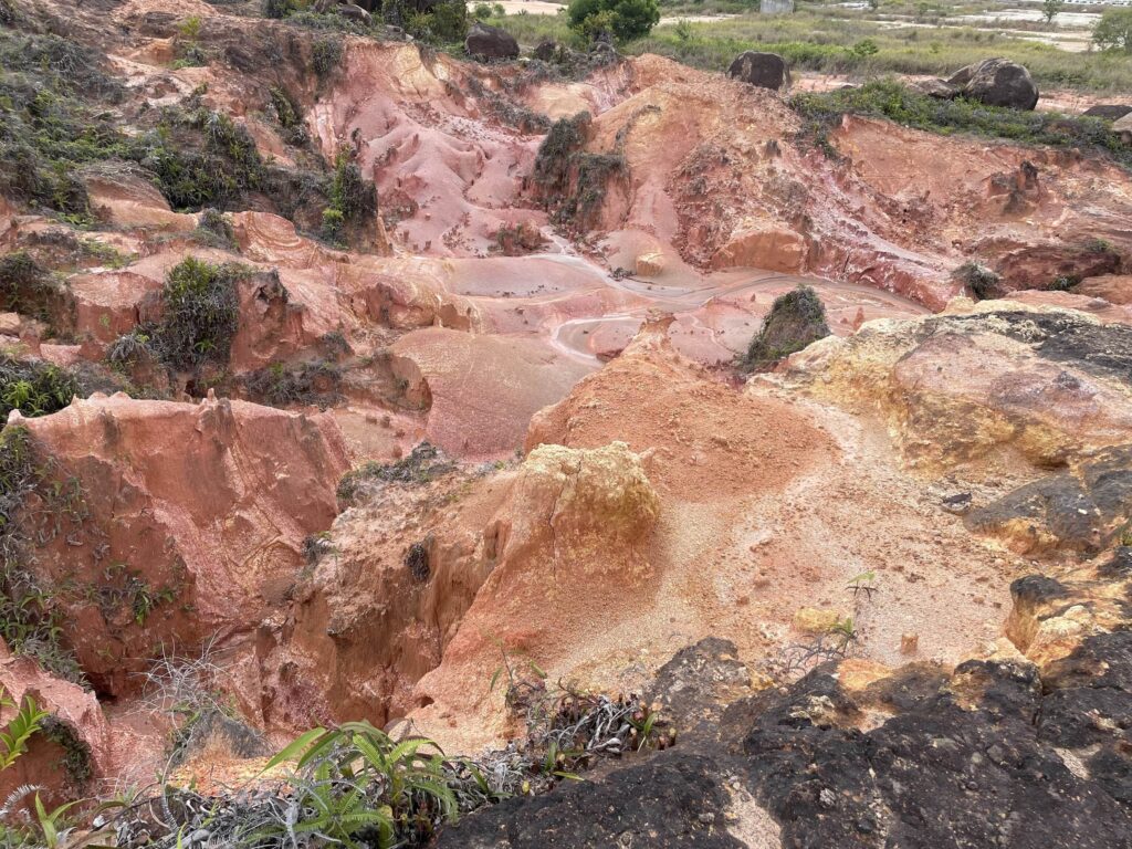 Patches of green grass struggle to grow on an undulating reddish-brown landscape.