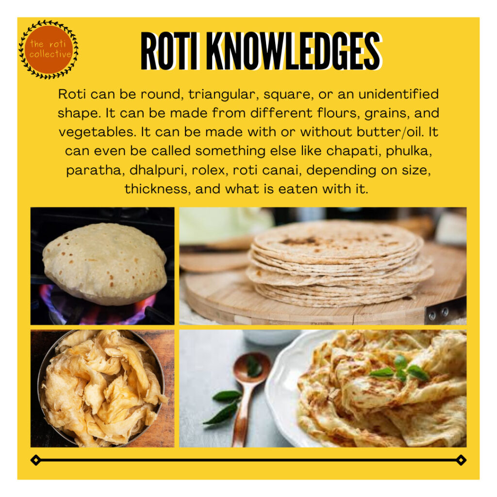 A yellow square with black lettering says "Roti Knowledges" and includes a definition and photos of roti.
