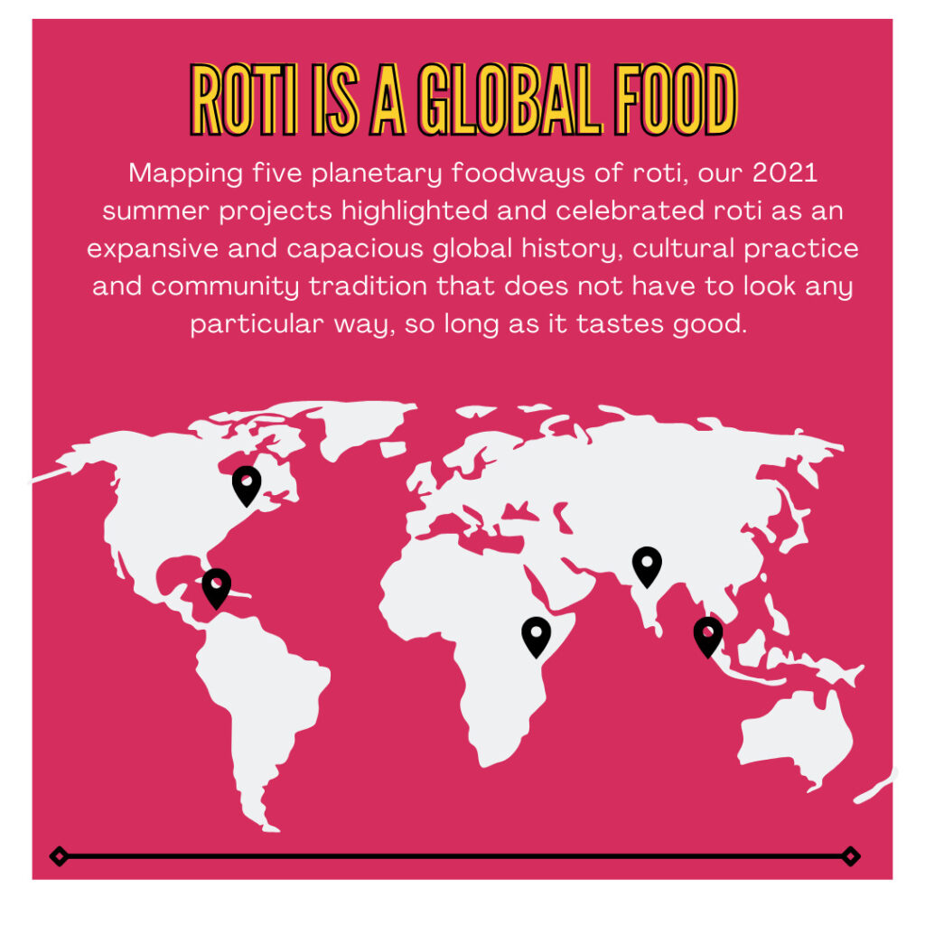 A dark pink square with yellow lettering says "Roti Is a Global Food." It includes a map of the globe and a summary of projects about roti's global travels.