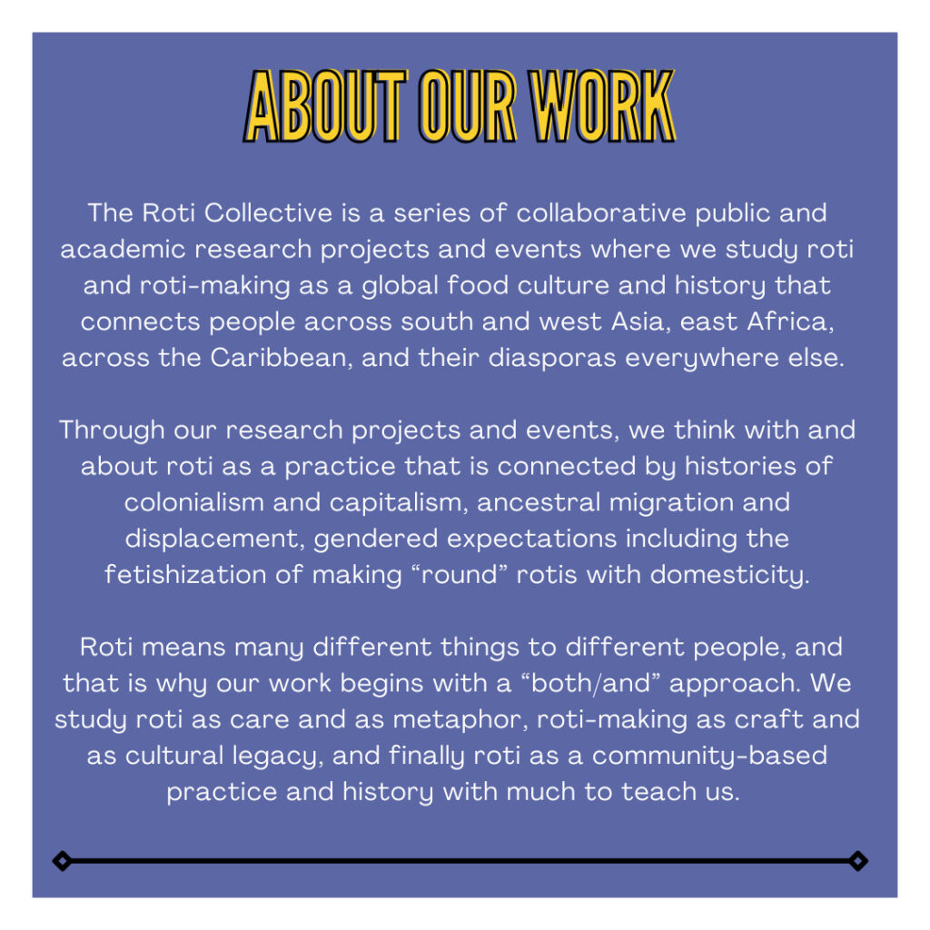 A blue square with yellow lettering says "About Our Work" and includes a summary of the Roti Collective project.