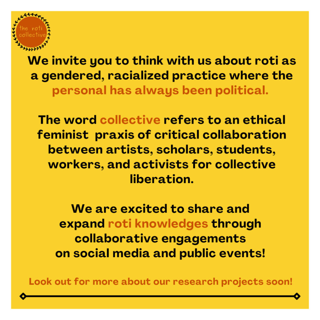 A yellow square includes black and orange text that invites viewers to follow the work of the Roti Collective.