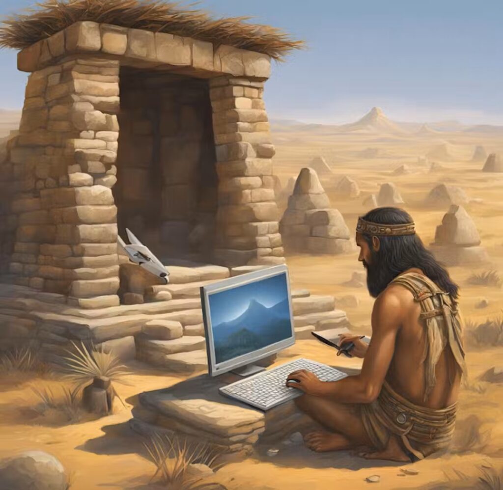 In an AI-generated illustration, an ancient man sits in a desert near a stone structure, using a modern computer and drone. The image blends historical and futuristic elements.