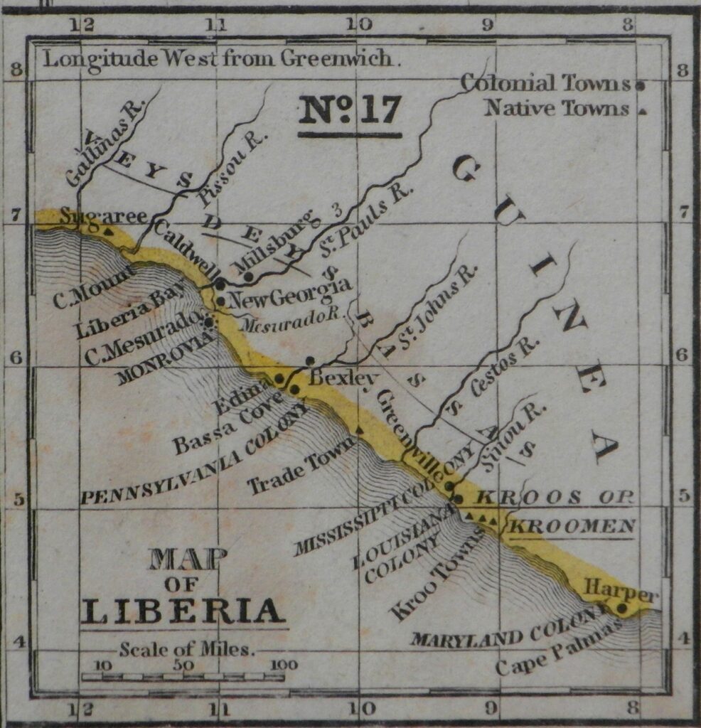 A 19th-century map depicts a portion of the West Coast of Africa on a gray, gridded surface. A yellow strip designates the coastline, while place names are indicated in black print. In the lower lefthand corner, capital letters say, “Map of Liberia.”