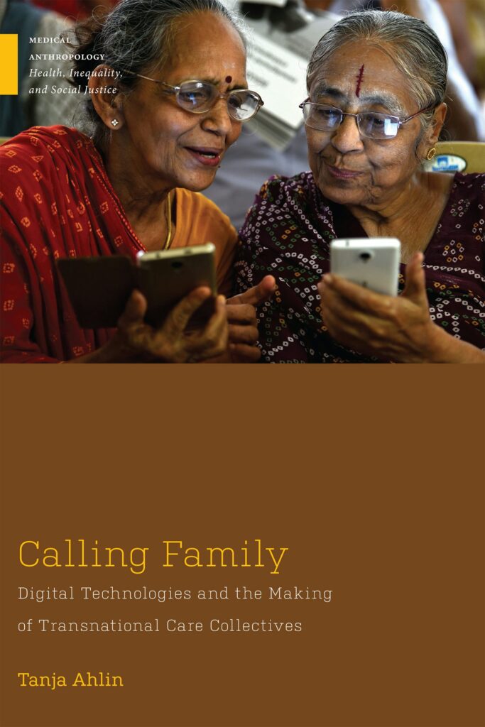 A book cover features a photograph of two women with glasses and graying hair looking at each other’s smartphones.