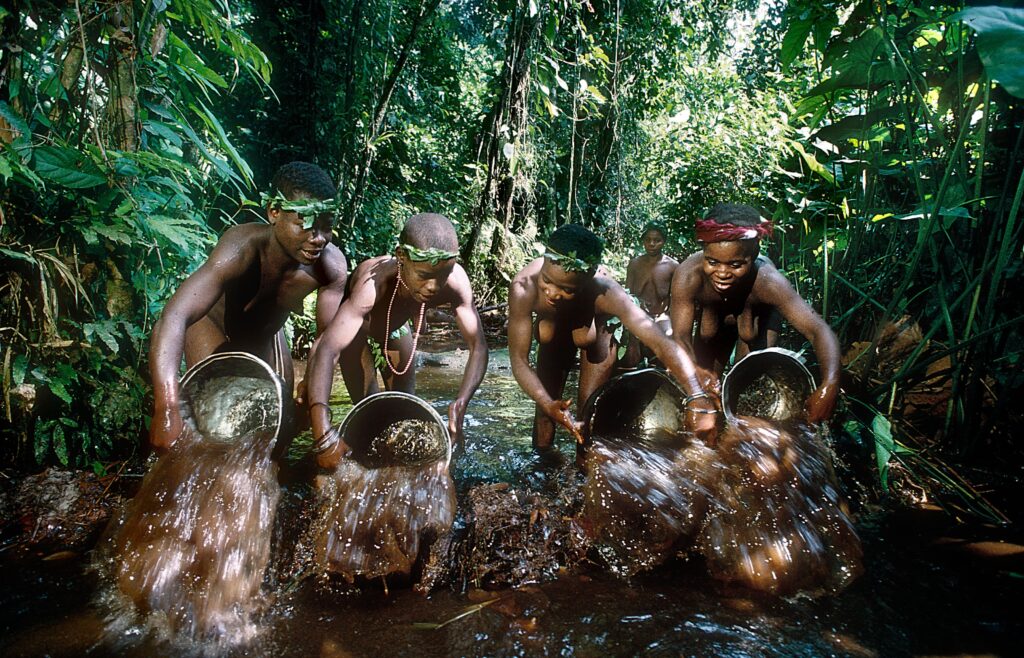 Amid dense vegetation, four women hold pots in a stream.