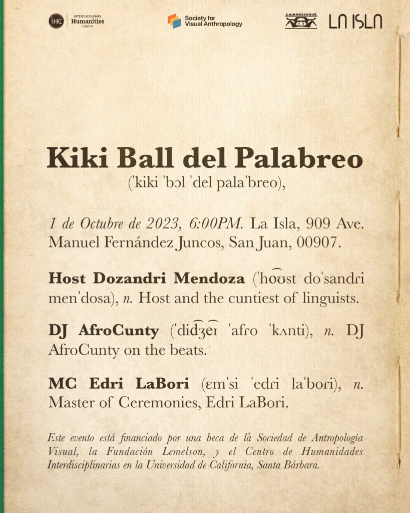 La invitación a un evento llamado "Kiki Ball del Palabreo" está diseñada como una página de diccionario, con definiciones y una guía fonética para la pronunciación.