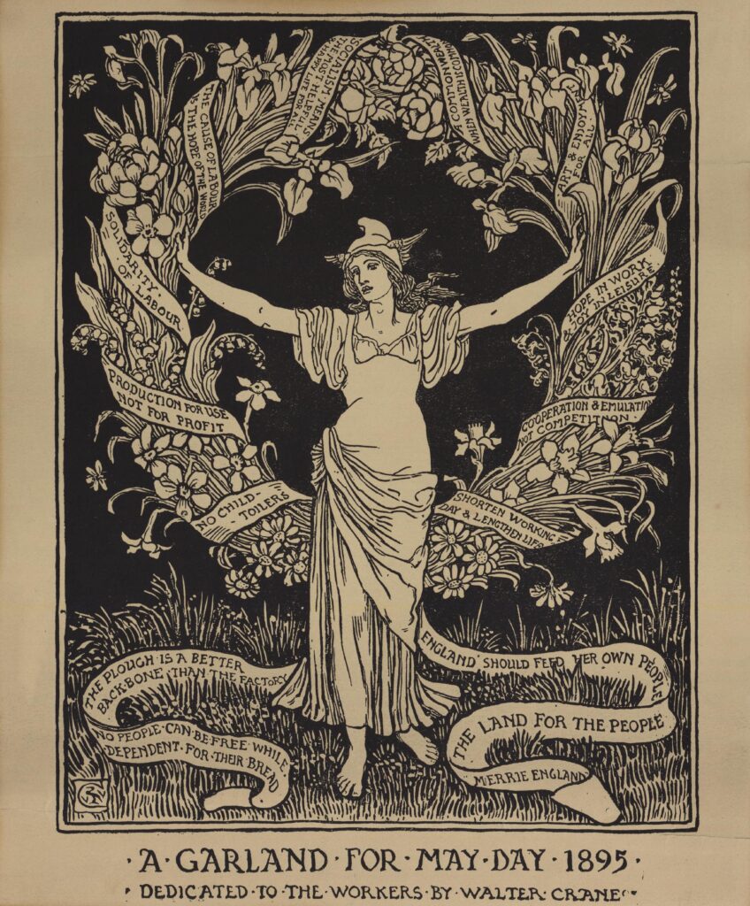 A black-and-white print shows a woman in a flowing garment surrounded by a large wreath of flowers. Intertwined among the wreath are slogans proclaiming “solidarity of labor,” “production for use, not for profit,” and other values associated with egalitarianism and cooperation.