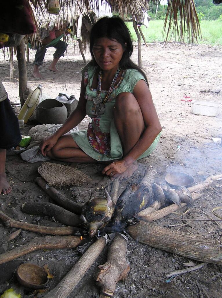 A black-haired person with a teal dress feeds small logs into a fire and singes a turtle. Several fish lie by her side.