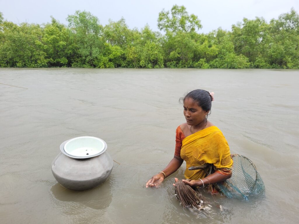 A woman in a yellow sari stands up to her waist in water, holding a net and rope. Green foliage lines the riverbank behind her.