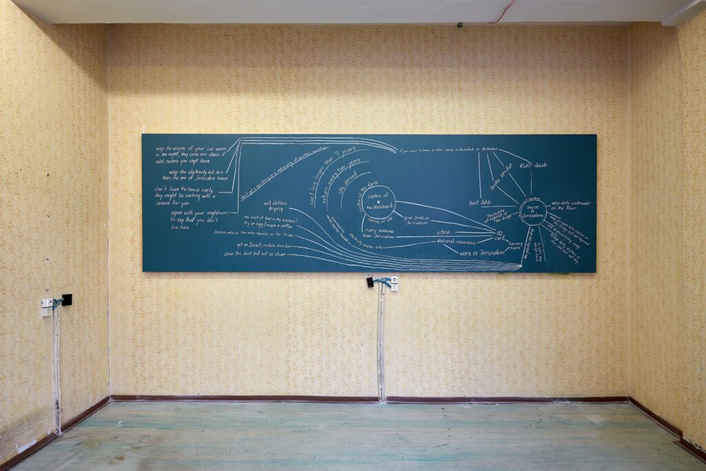 Um longo retângulo azul com marcas de giz branco está pendurado em uma parede amarela clara.