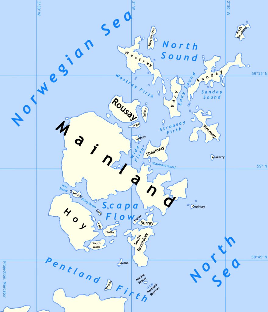 Blue and white colors on a gridded map represent an archipelago of islands.