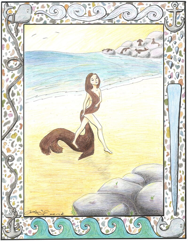 A drawing shows a mythical feminine creature striding across a beach whose long hair cascades across her body.