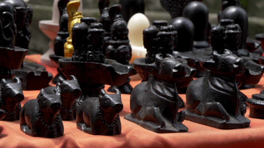 Rows of black, bull-shaped figurines sit on a table.
