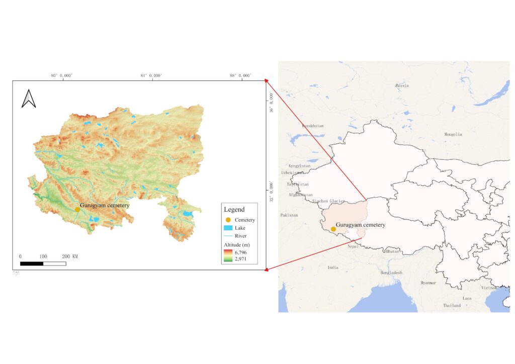 A beige map of Central Asia with an inset shows the location of an archaeological site.