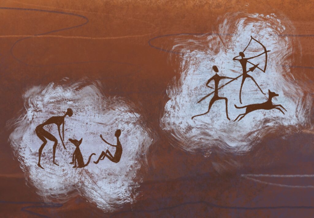 Against a brown and rust colored background, humans and dogs interact and socialize in wispy white clouds resembling thought bubbles.